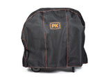 Black PK Grill cover with boxed orange PK logo in middle covering pit