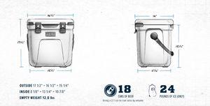 Informational graphic showing the dimensions and weight capacity of Franklin Yeti Roadie cooler
