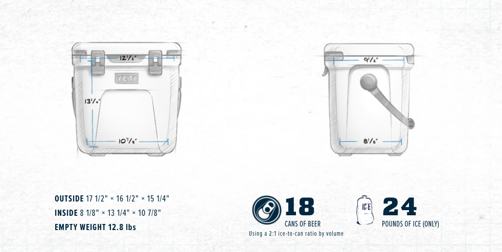 Informational graphic showing the dimensions and weight capacity of Franklin Yeti Roadie cooler