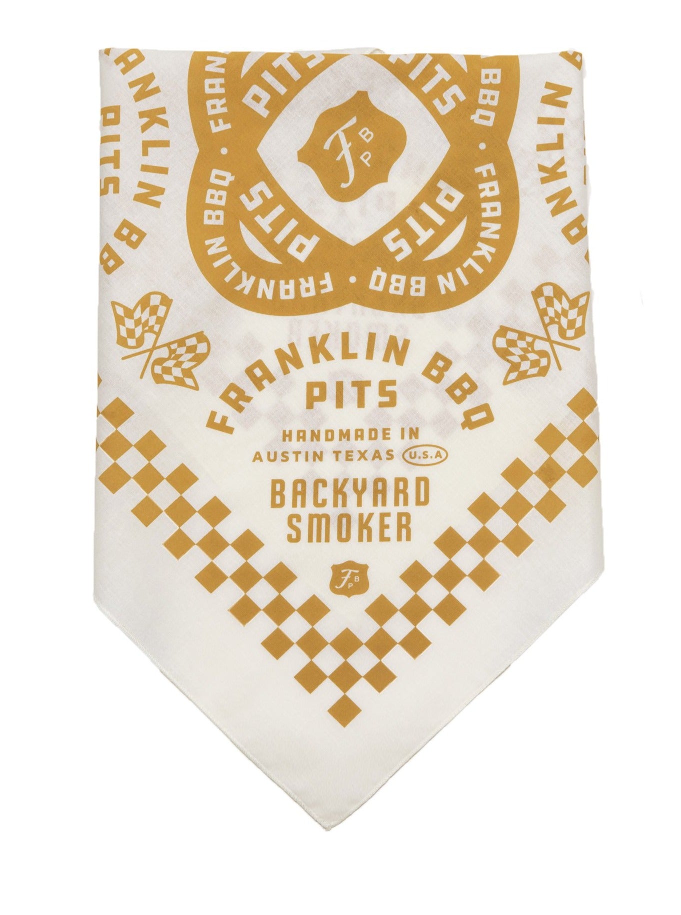 Folded display of tan Franklin BBQ Pits bandana to show detail of patterned design which includes a checkered border and text logos saying "Handmade in Austin Texas, Backyard Smoker"