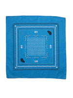 Blue Franklin Barbecue Bandana. Unfolded to show patterned design which include elements of the Franklin bean logo, sausage links, candle flames and RVs.