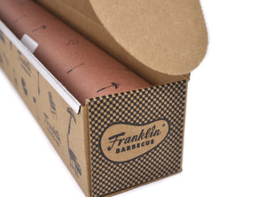 Close up view of the end of the the box with the Franklin Barbecue logo printed over a checkerboard pattern.