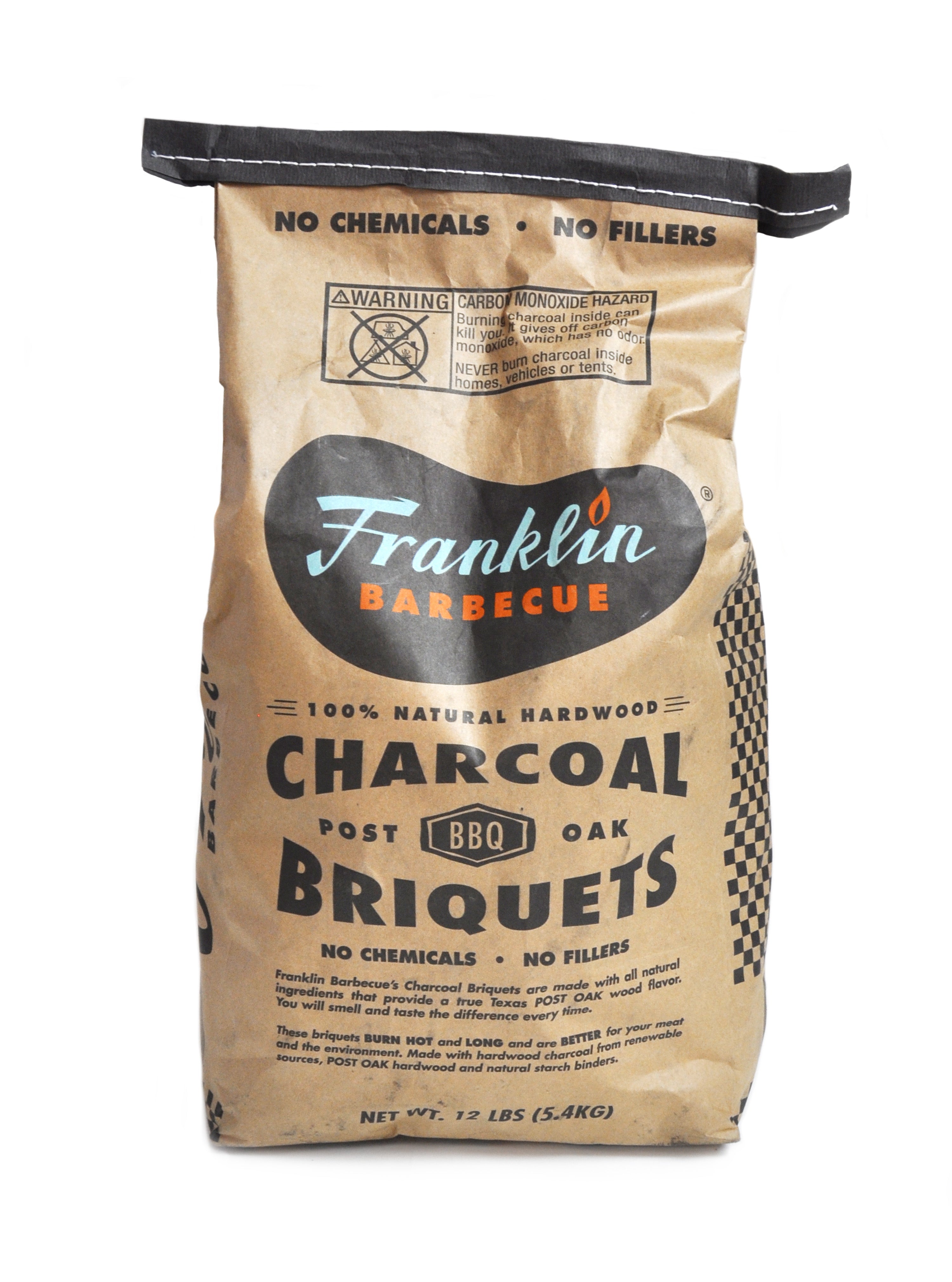 Bag of Franklin Barbecue Charcoal Briquets. Includes Franklin Barbecue bean shaped logo in black with blue and orange lettering