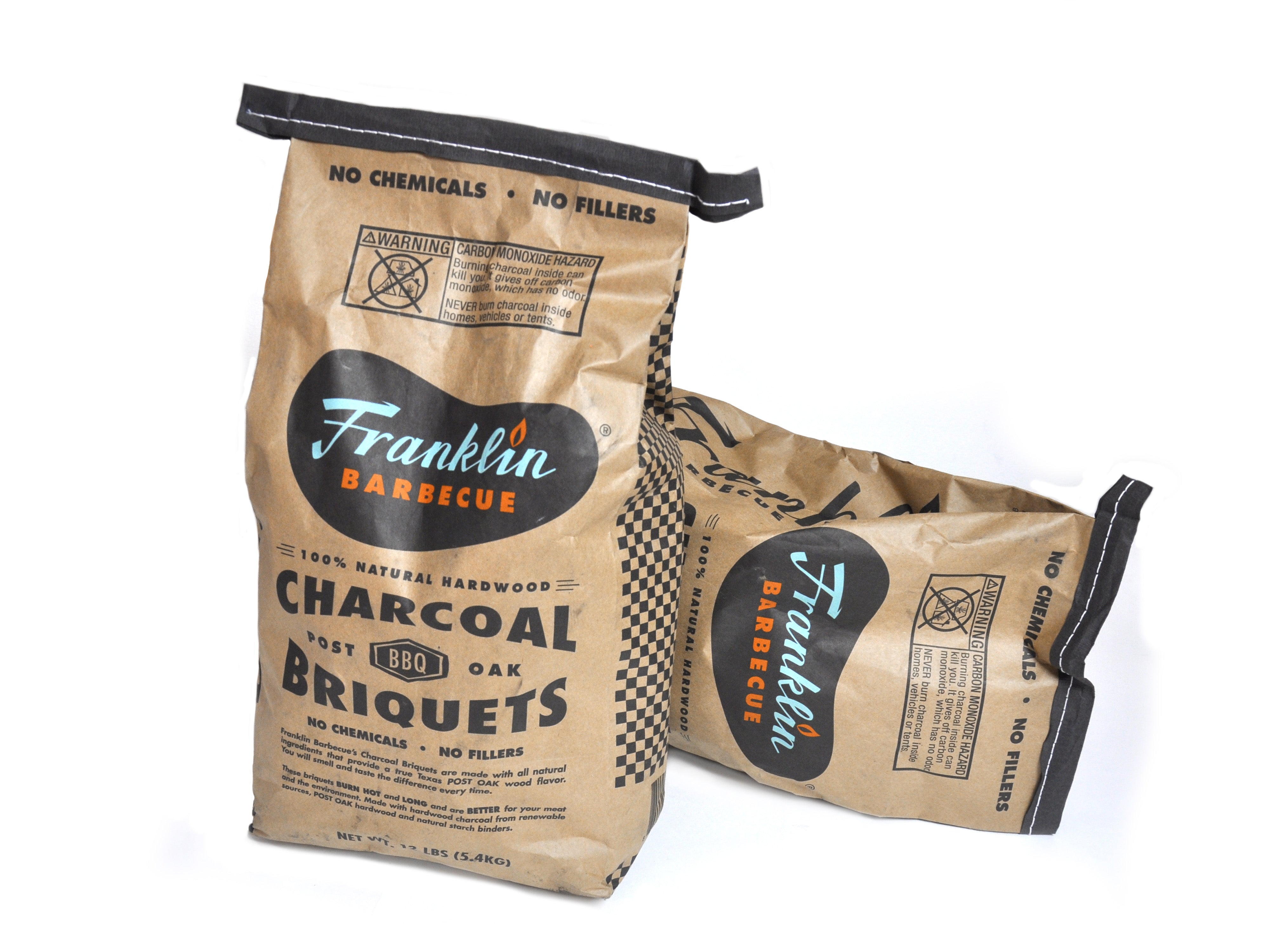 Two bags of Franklin Barbecue Charcoal Briquets. Includes Franklin Barbecue bean shaped logo in black with blue and orange lettering. One is laid on its side