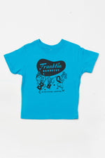 Toddler Kids Franklin Barbecue T-shirt in teal with logo and dancing pig family printed in black.