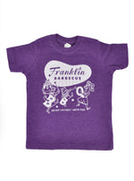 Toddler Kids Franklin Barbecue T-shirt in purple with logo and dancing pig family printed in white