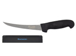 Image showing boning knife with Franklin Barbecue logo engraved into the blade. Knife is shown next to black Messermeister knife cover