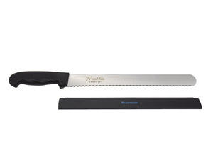 Franklin Dexter-Russell Slicer knife with stainless steel blade and black plastic handle displayed next to black plastic edge guard