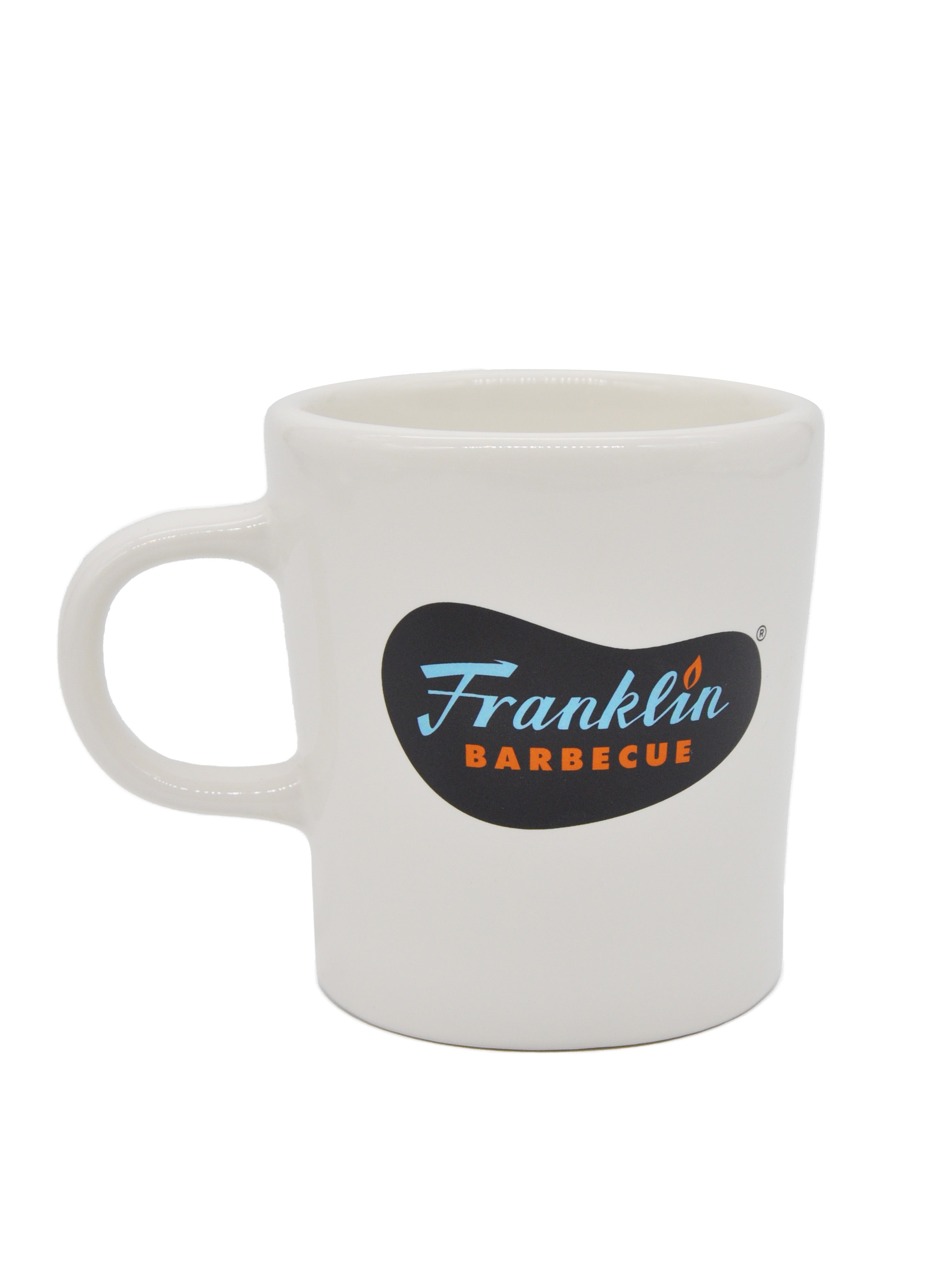 White mug with Franklin Barbecue logo in blue and orange lettering