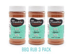 11.5 oz BBQ Rub 3 pack with teal label and Franklin Barbecue bean logo in black with white and orange lettering