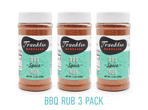 11.5 oz BBQ Rub 3 pack with teal label and Franklin Barbecue bean logo in black with white and orange lettering