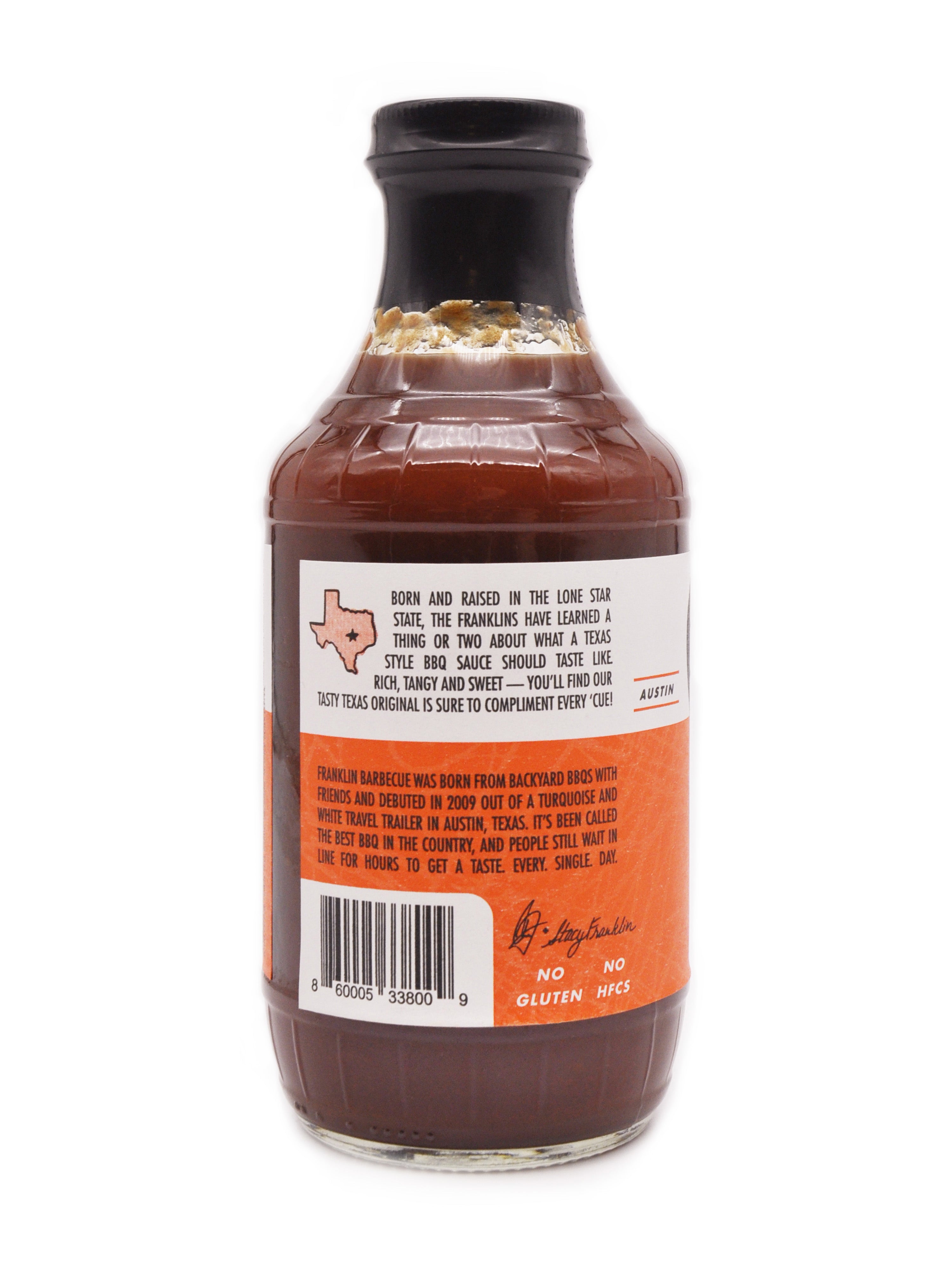 Back label of Franklin Barbecue Original sauce showing tasting notes and background story of the restaurant.