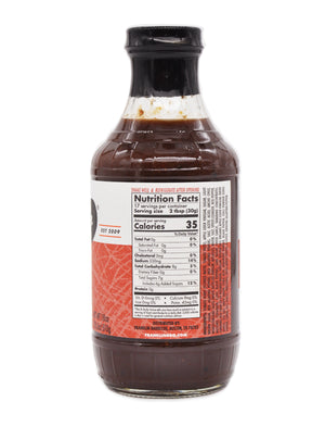 Back label of Franklin Barbecue Spicy sauce showing nutrition facts and ingredient list.