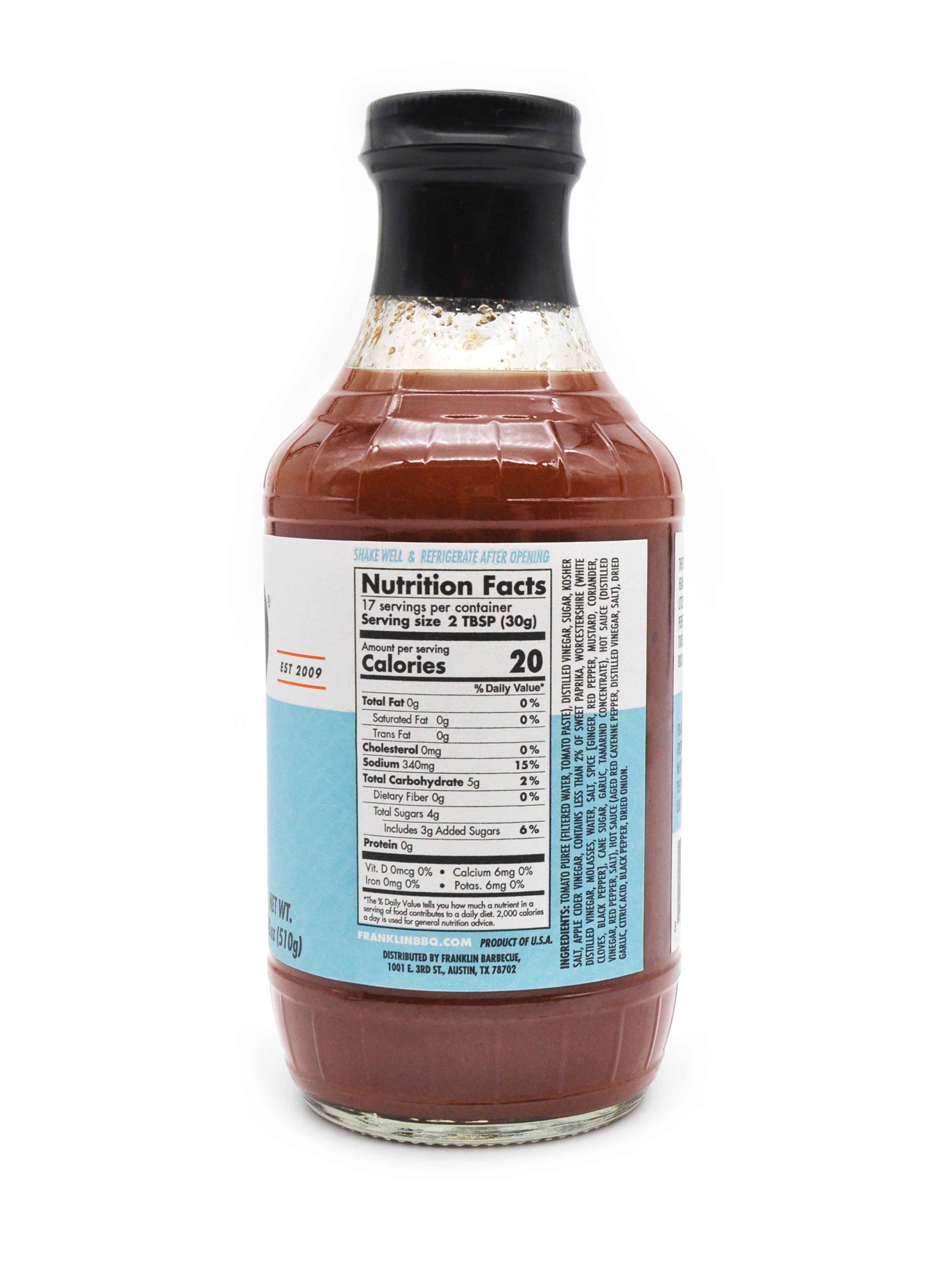 Back label of Franklin Barbecue Vinegar sauce showing nutrition facts and ingredient list.