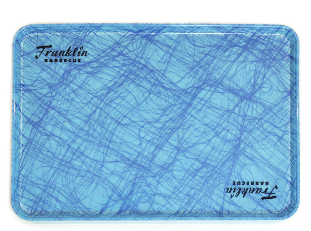 Extra Large Franklin Barbecue Cafeteria tray in a swirled blue pattern. The Franklin logo is printed in black in the upper left corner and is mirrored in the lower right corner.