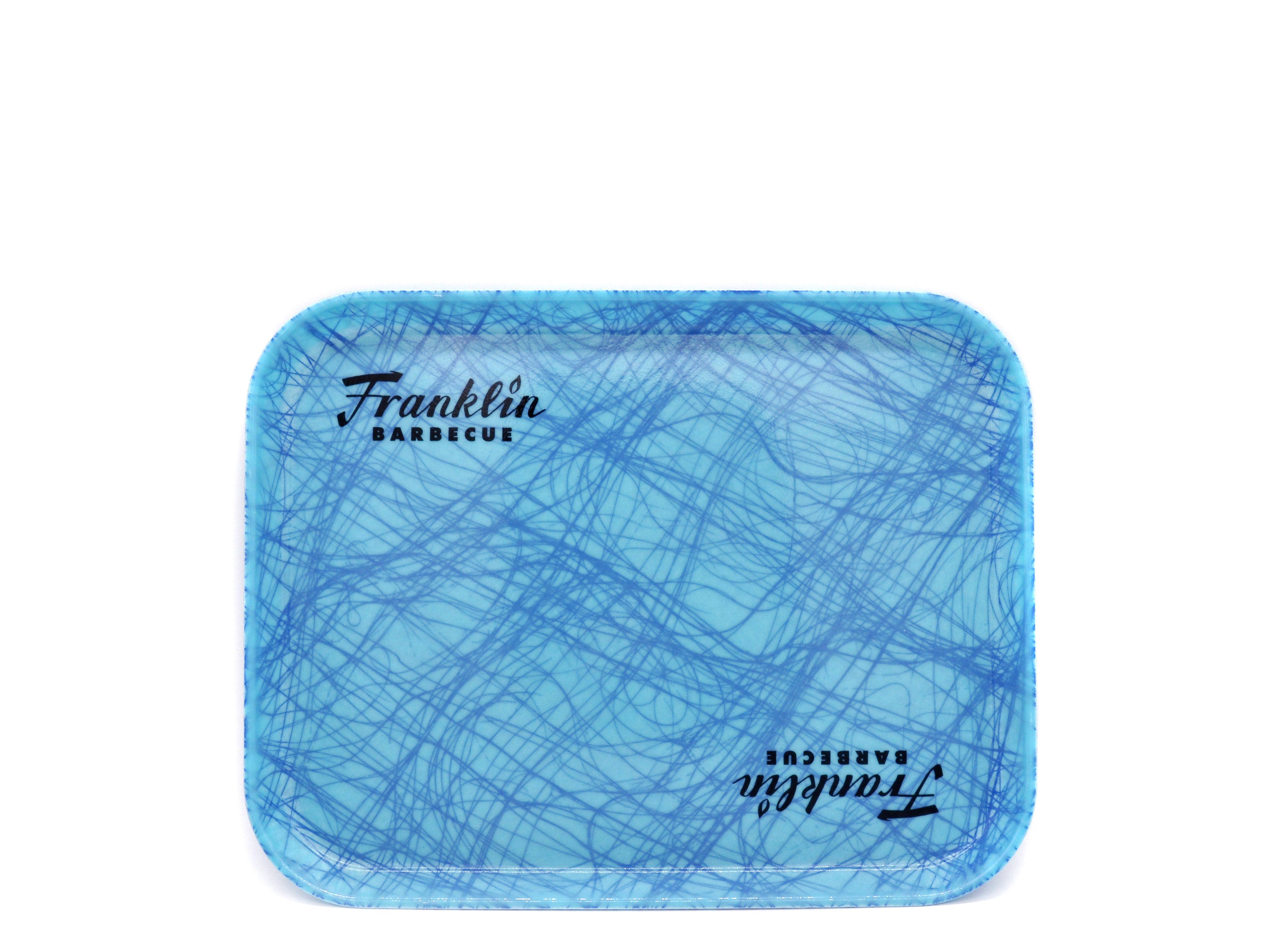 Large Franklin Barbecue Cafeteria tray in a swirled blue pattern. The Franklin logo is printed in black in the upper left corner and is mirrored in the lower right corner.