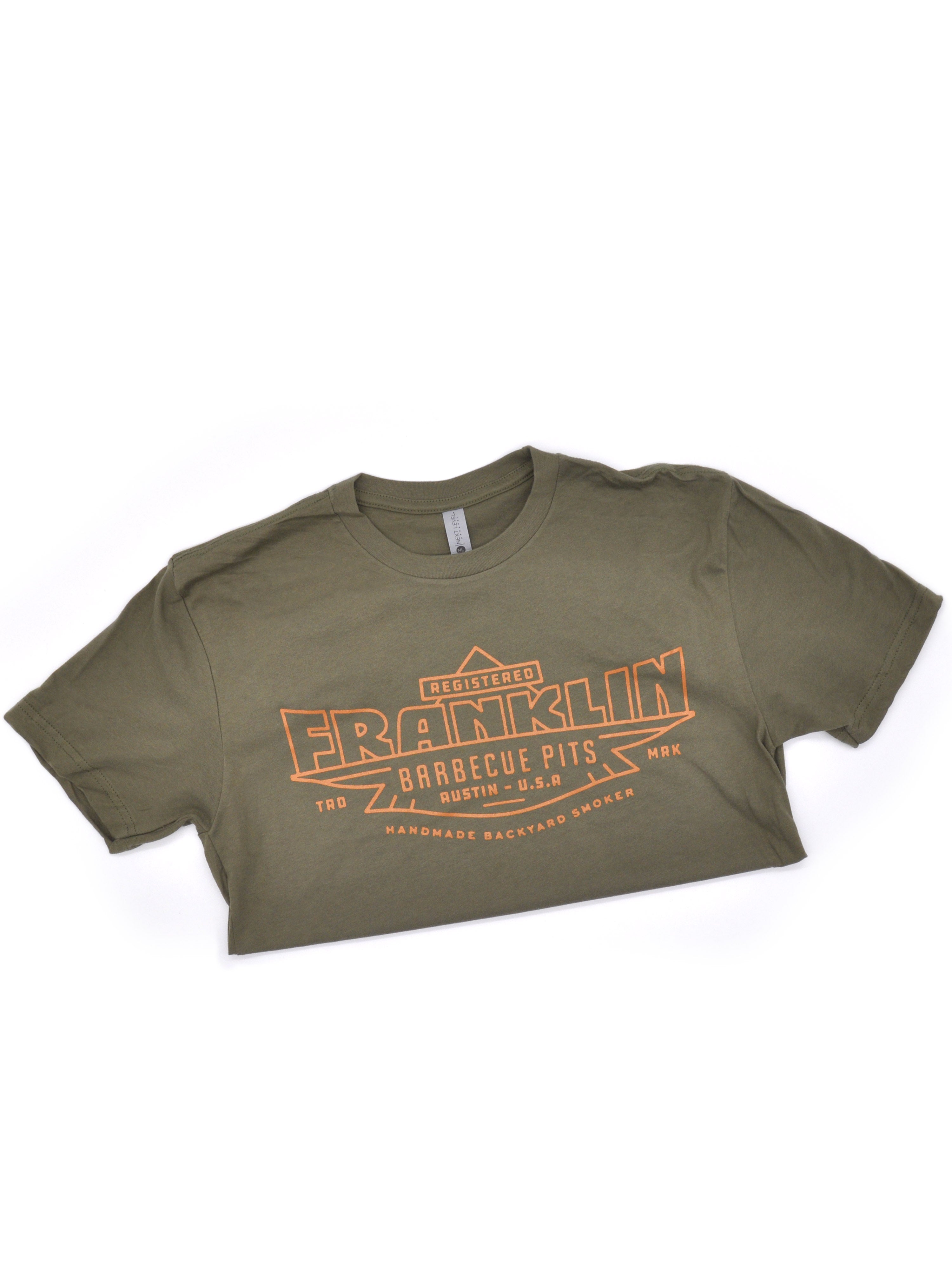 Army Green t-shirt with Registered Franklin Barbecue Pits logo in orange.