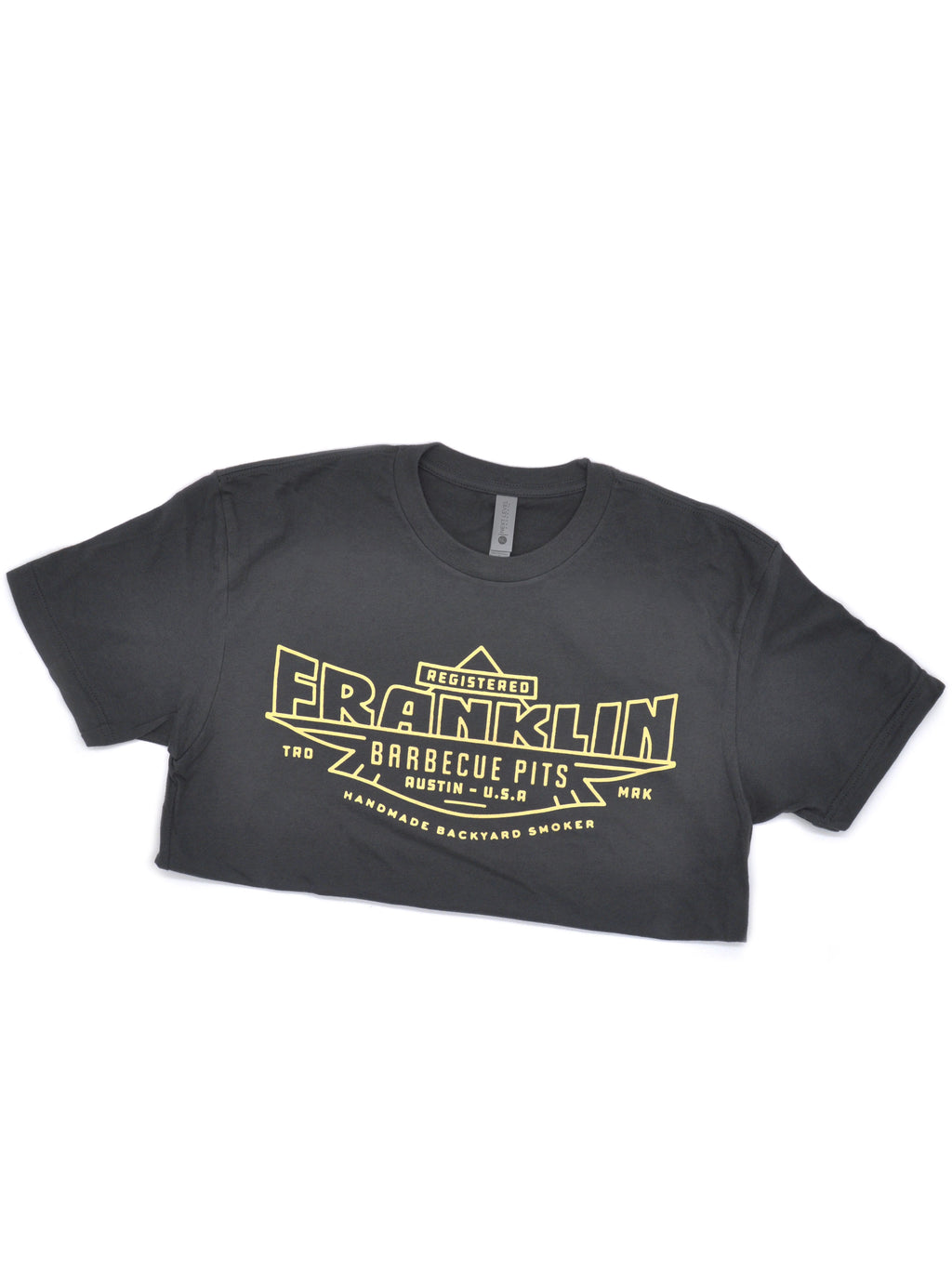 Grey t-shirt with Registered Franklin Barbecue Pits logo in yellow