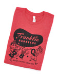 Heather Red t-shirt with Franklin Barbecue bean Logo in black and logo of dancing family holding the letters B-B-Q while wearing pig-nose masks also in black. Below the dancing family is the address of Franklin Barbecue also in black.