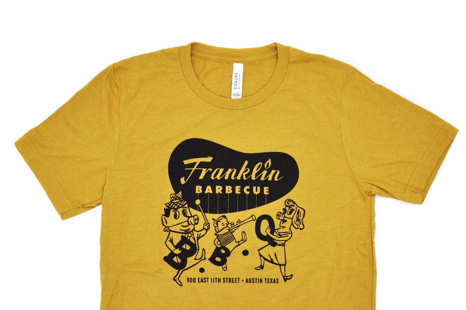 Alternate view of heather yellow Franklin Barbecue t-shirt.