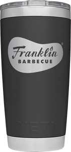 Image of black Yeti tumbler with metallic silver Franklin Barbecue logo